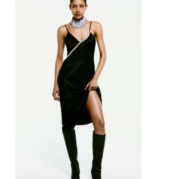 Zara Black Satin Effect Rhinestone Midi Slip Dress Spaghetti Straps Size Small - Picture 11 of 14